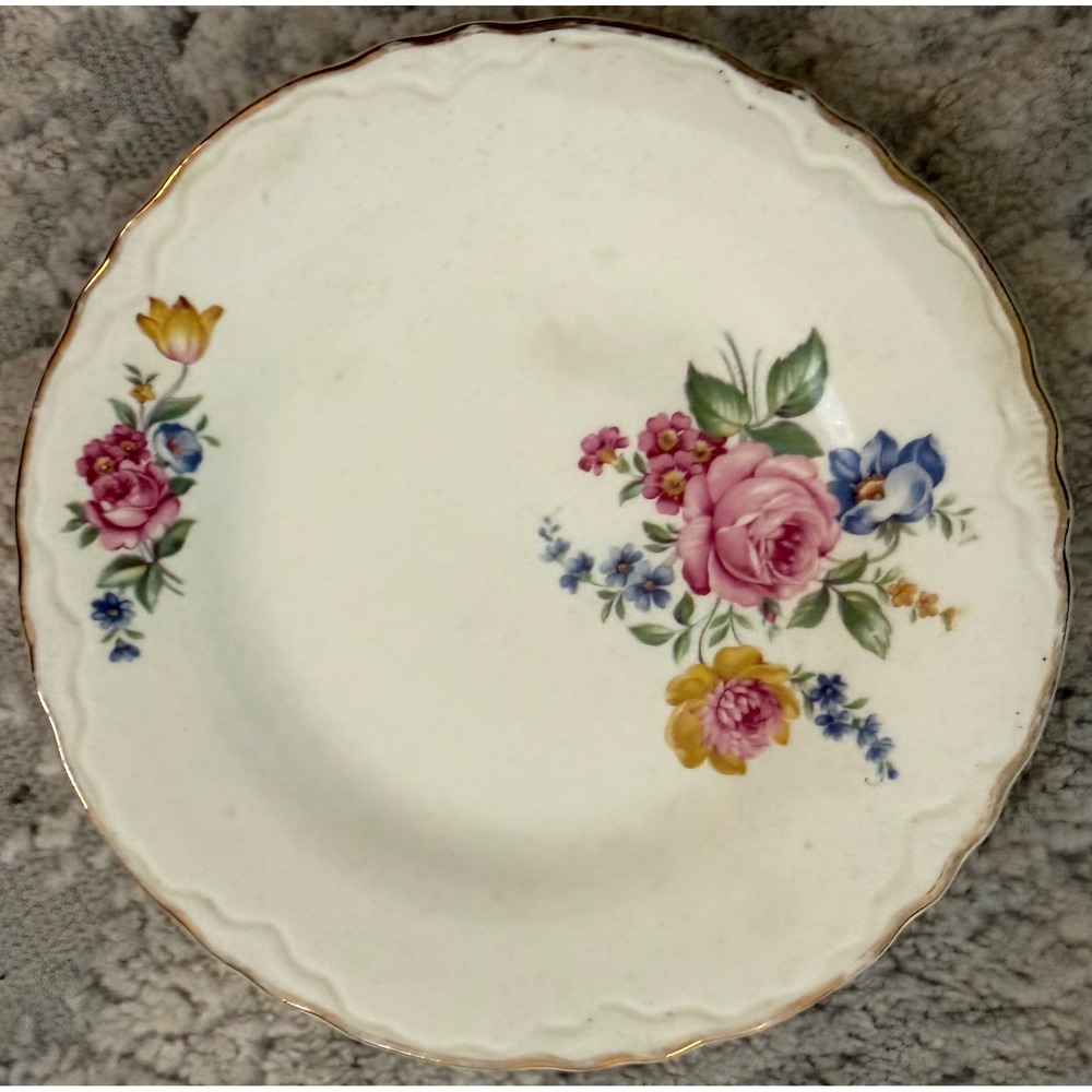 Vintage Floral Ceramic Saucer Scalloped‎ Edge Gold Trim Pink Rose Shabby Chic